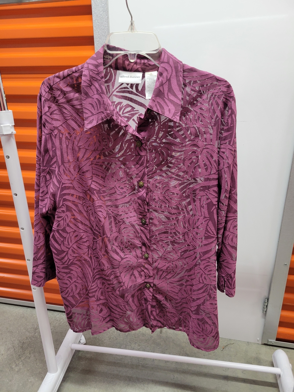 Alfred Dunner Plum Leaf-Print Button-Front Blouse